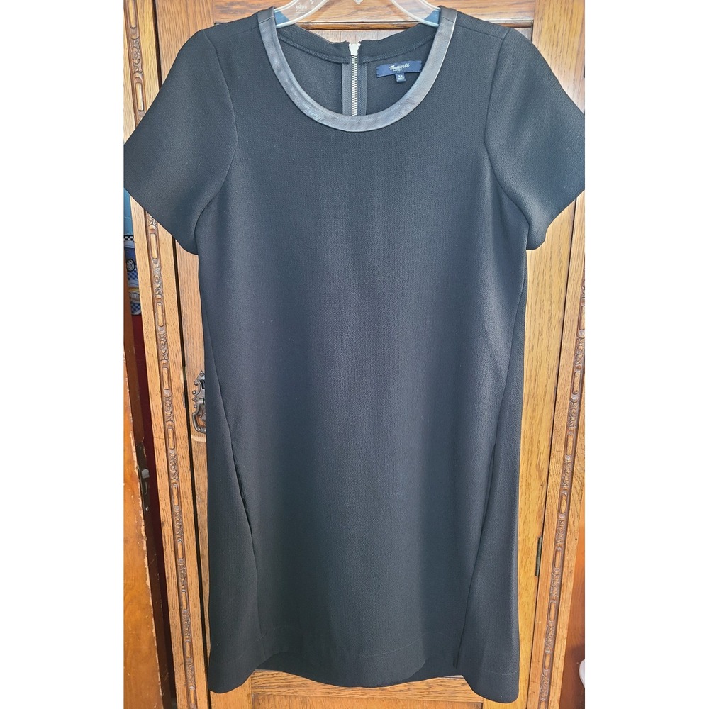 Madewell Black Leather Trim Shift Dress Short Sleeve Textured Crepe C9841 XS LBD